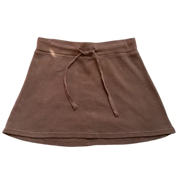 Brandy Melville Brown Waffle Knit Thermal Mini Skirt Drawstring OS - Picture 2 of 9